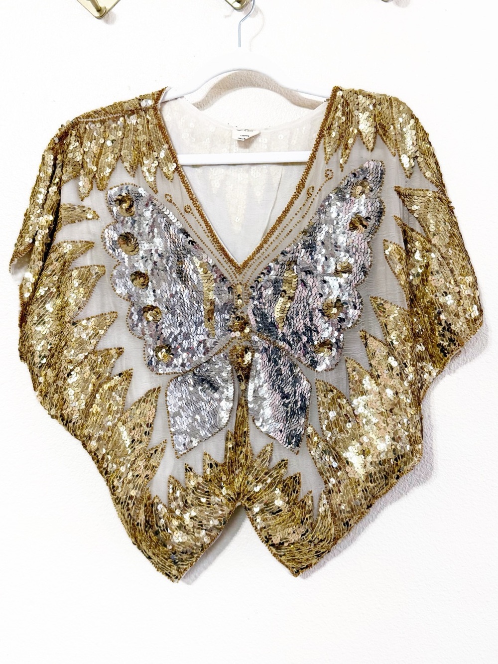 Vintage Butterfly Viral Silk Sequin Embellished Y2K Gold Silver Ivory Top O/S